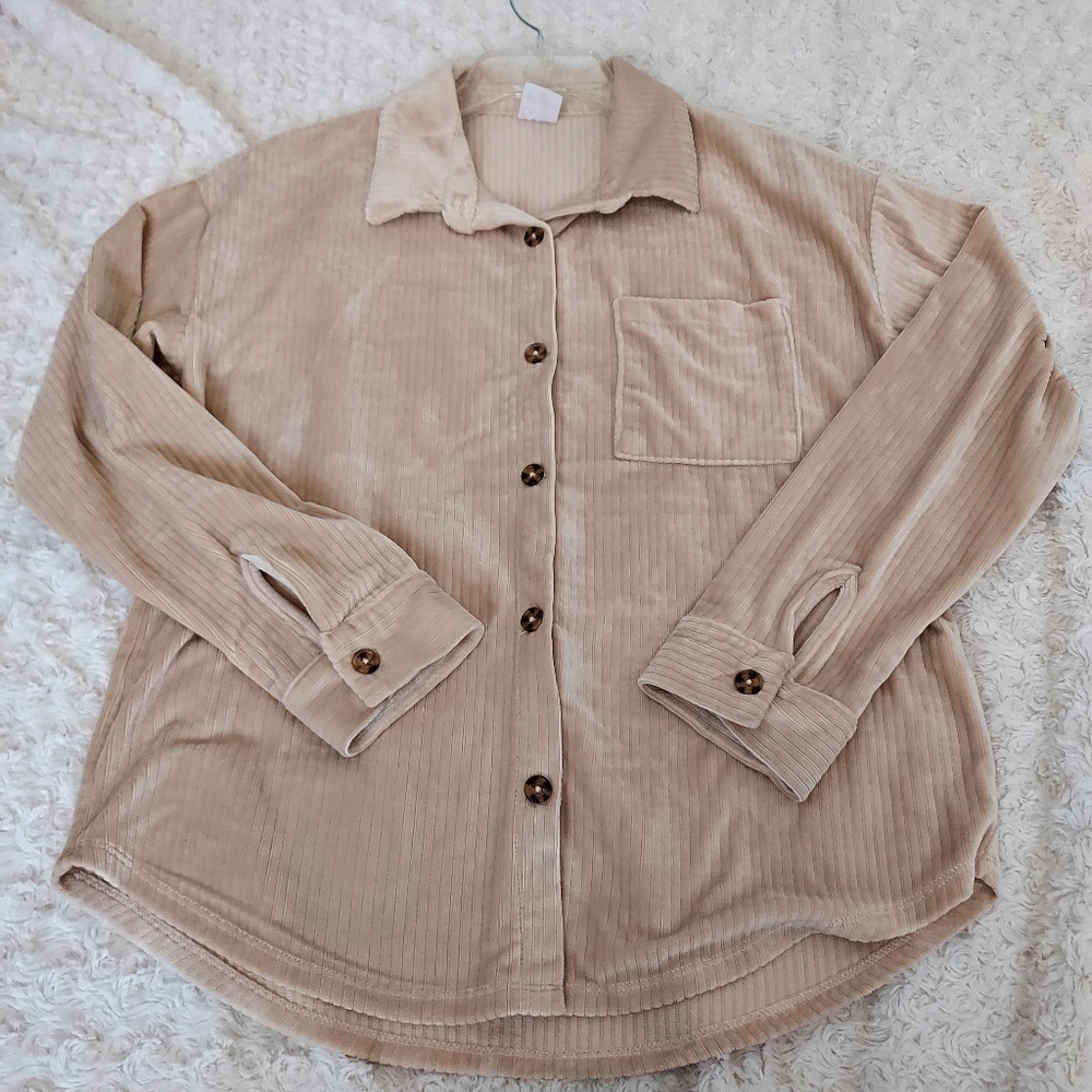Soft Cozy Tan Ribbed button-up blouse JR Large 11-13 Cabincore Fall Relaxed Fit